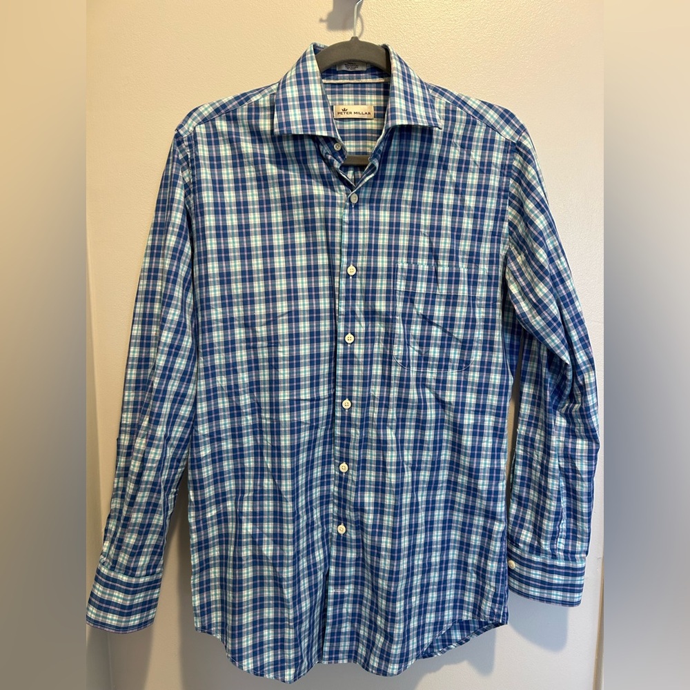 Peter Millar cotton Blue Checkered Men's Shirt, size small
